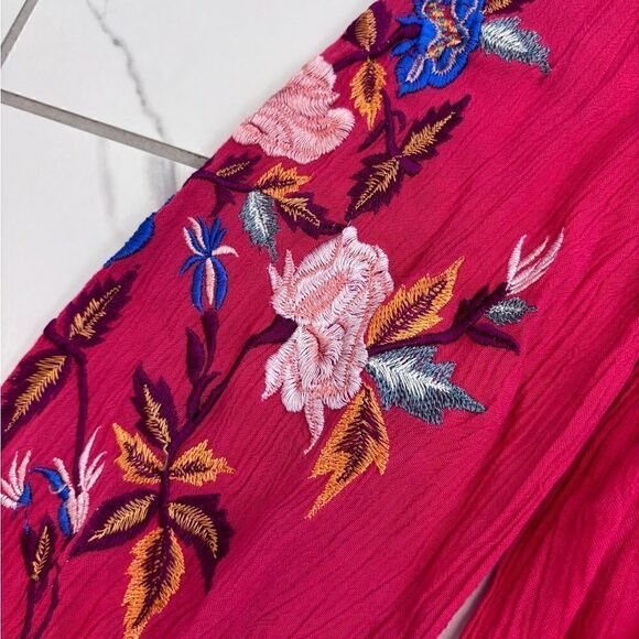 FREE PEOPLE Red Mia Mini Gauze Dress with Blue Floral embroidery Sz S EUC - Picture 9 of 13